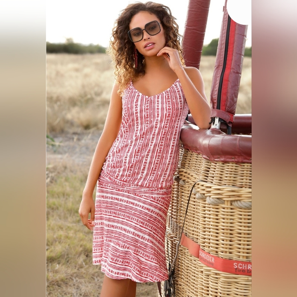 Lascana Women's Printed Dropped Waist Dress Red Patterned Midi‎ Dress